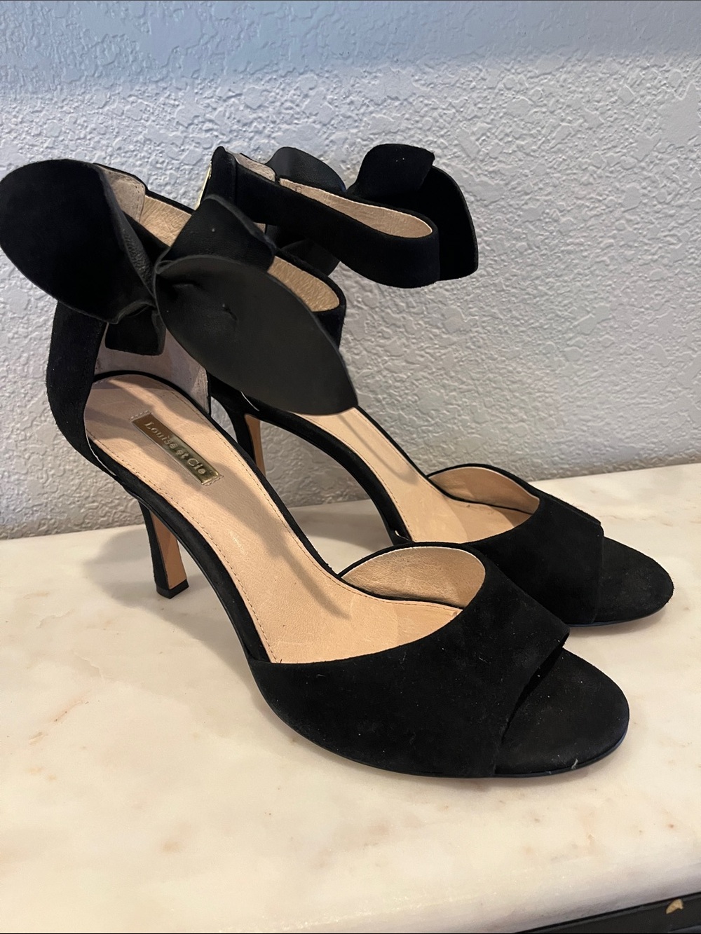 Louise et Cie Black Suede Open-Toe Heels with Ankle Bow - Picture 2 of 8